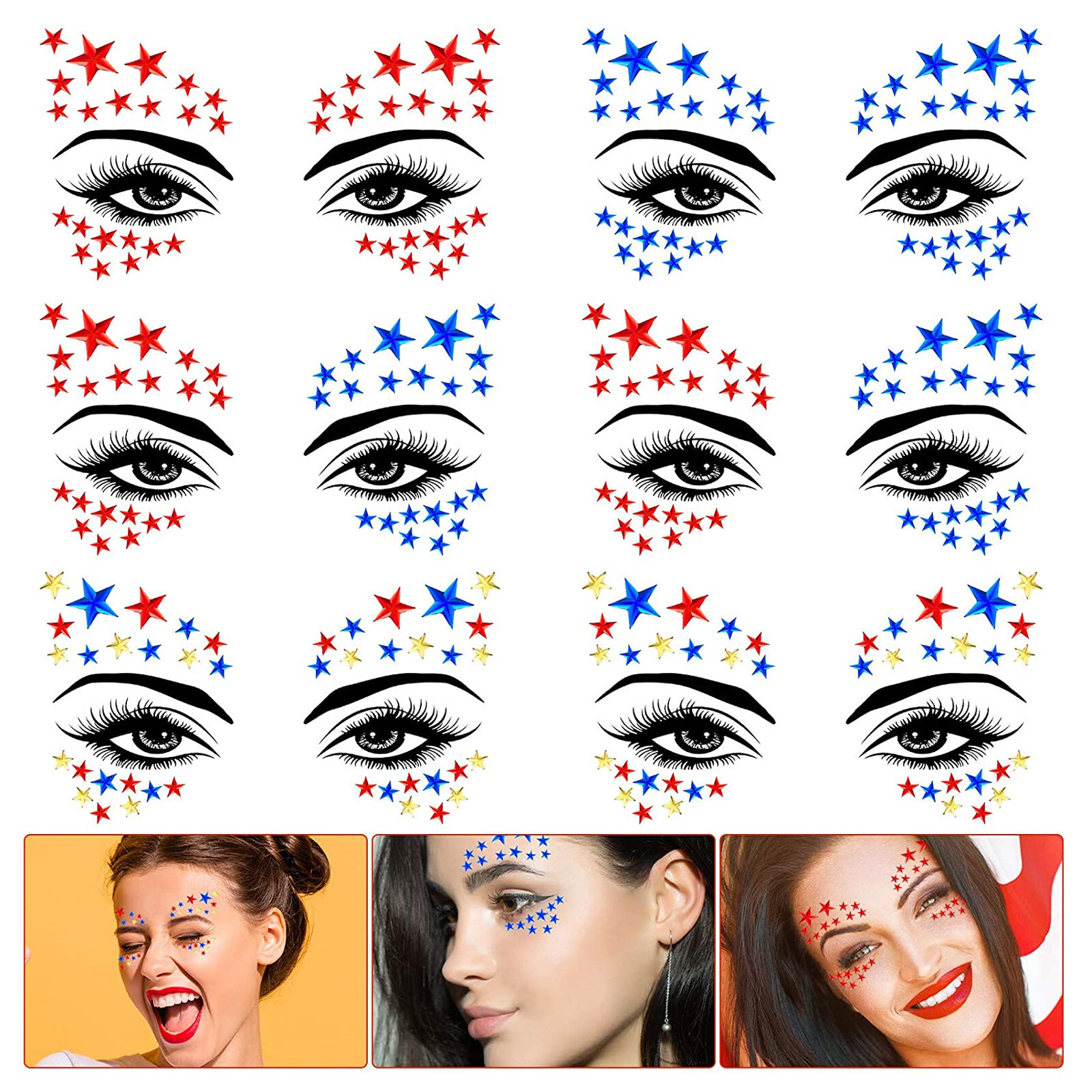 Diy stickers 6 Sheets Rhinestone Star Face Stickers DIY Rhinestone Eye  Stickers for Women 